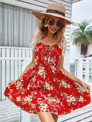 Floral Print Suspender Dress With Elastic Waist Design Fashion Summer Short Dresses Womens Clothing - kinko