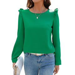 Women's Solid Color Casual Ruffle Edge Long Sleeved Shirt - kinko