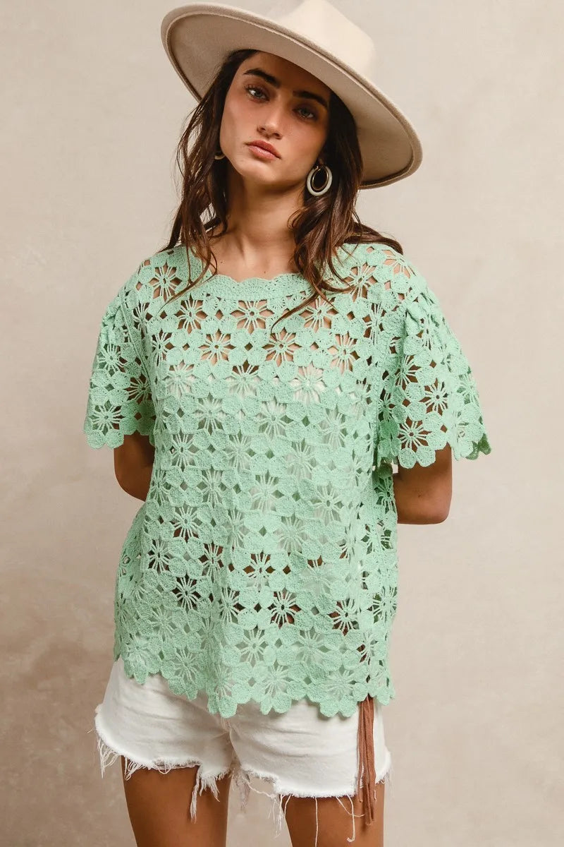 BiBi Openwork Crochet Short Sleeve Knit Top - kinko