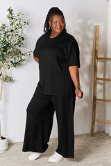 Double Take Full Size Round Neck Slit Top and Pants Set - kinko