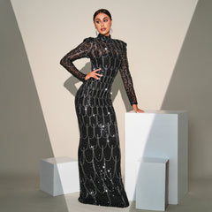 Long Sleeve Round Neck Slim-fit Sequined Banquet Evening Dress - kinko