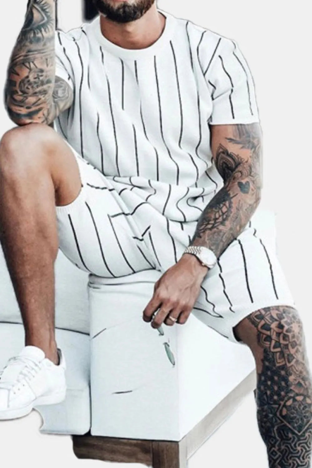 Men's Full Size Striped Casual Top and Shorts Summer Set Plus Size - kinko