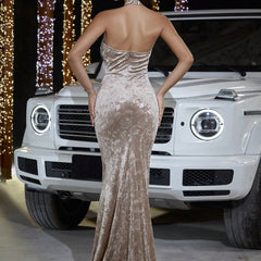 Fashion Velvet Halter Sheath Hollow-out Banquet Evening Dress - kinko