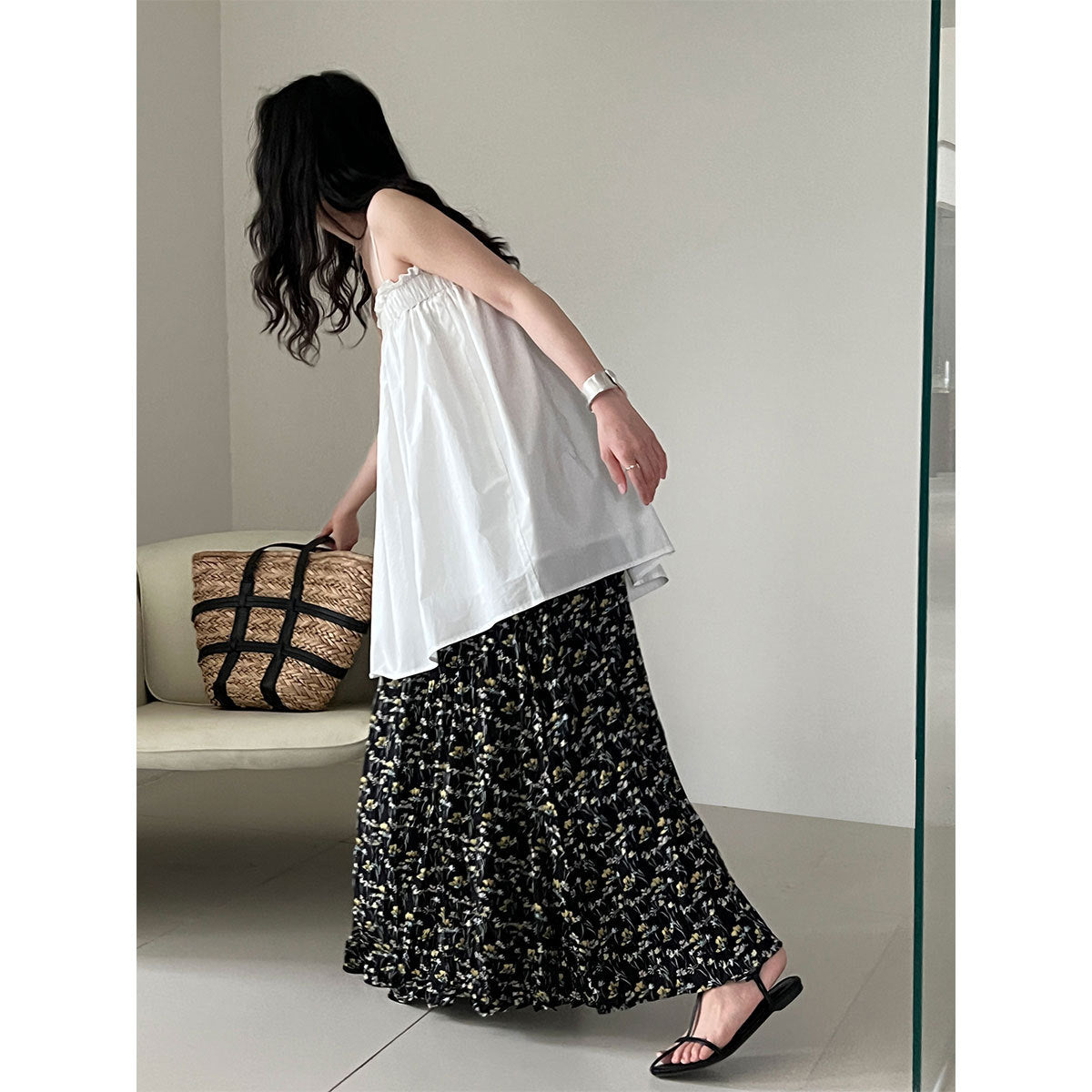 Vintage Floral Women's Summer Loose Pleated High Waist Drooping A- Line Umbrella Skirt - kinko