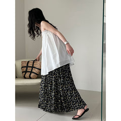 Vintage Floral Women's Summer Loose Pleated High Waist Drooping A- Line Umbrella Skirt - kinko