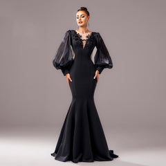Long Sleeve Round Neck Banquet Applique Sheath Fishtail Dress - kinko