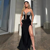 Women's Black Bandeau Slim-fit Hot Drilling Long Dress - kinko