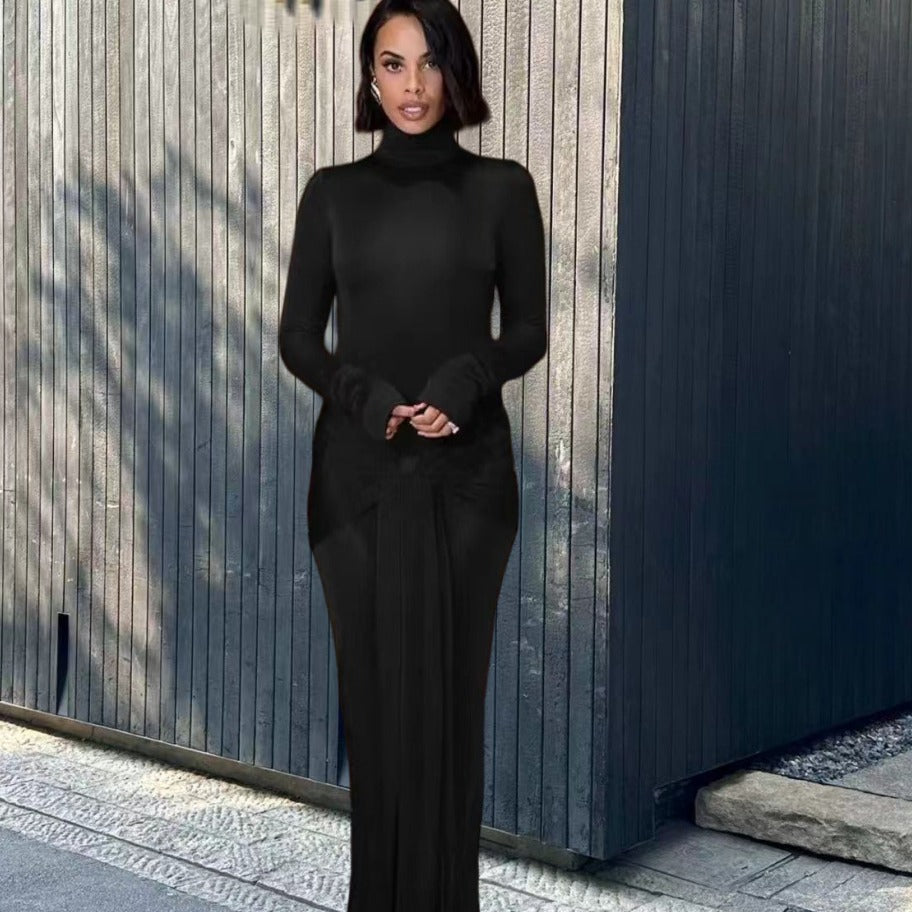 High Collar Solid Color European And American High-end Lace-up Design Dress - kinko