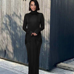 High Collar Solid Color European And American High-end Lace-up Design Dress - kinko