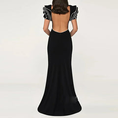 Round Neck Petal Sleeve Fishtail Skirt Dress - kinko