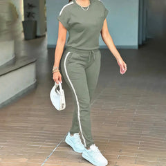 Women's Solid Color Short Sleeve Two-Piece Set - Round Neck, Stripe Trim, Tie Waist Belt, Pockets Spring&Summer Casual Outfit - kinko