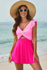 Cutout V-Neck Cap Sleeve One-Piece Swimwear - kinko
