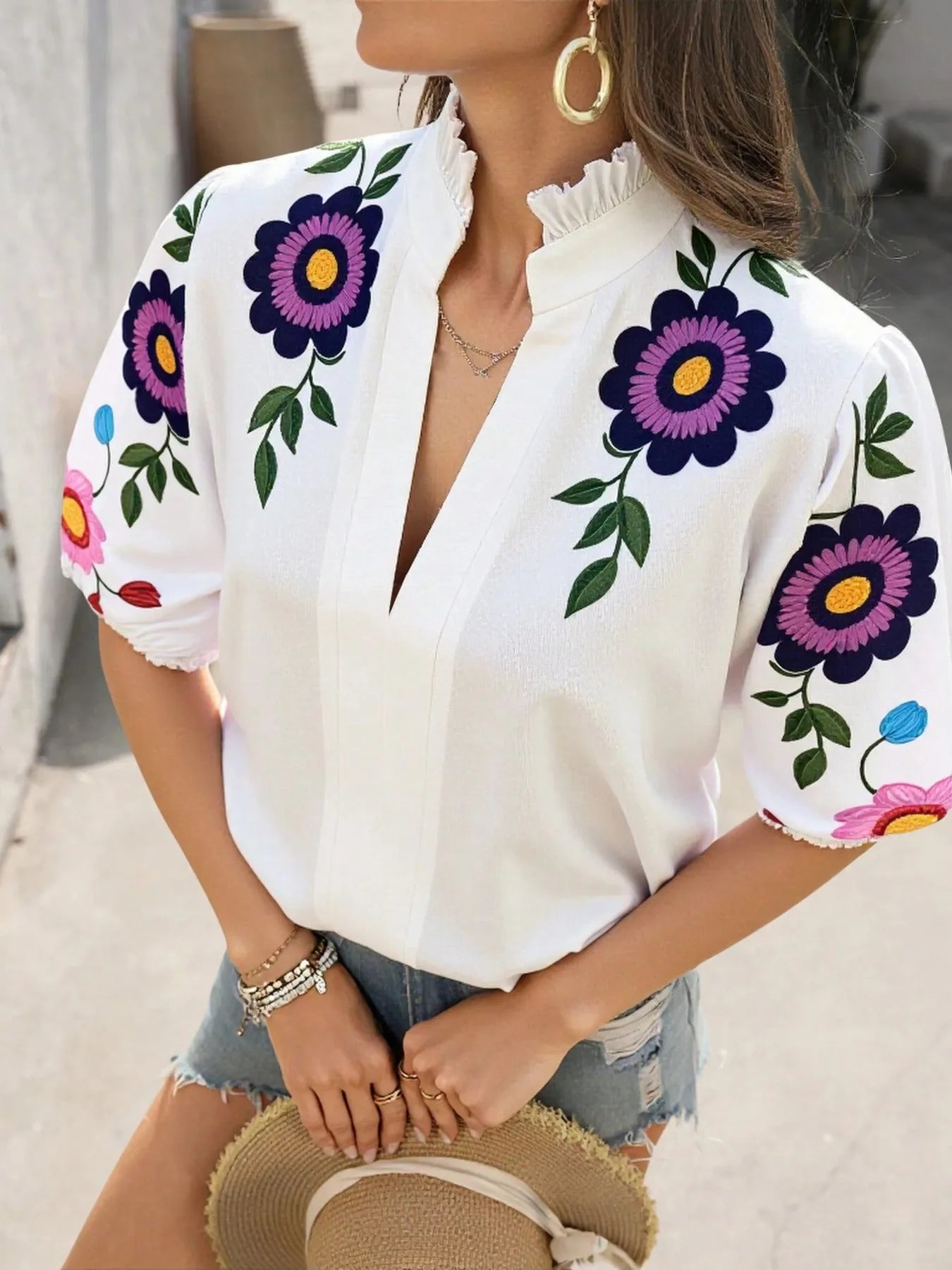 Floral Print Notched Puff Sleeve Blouse - kinko