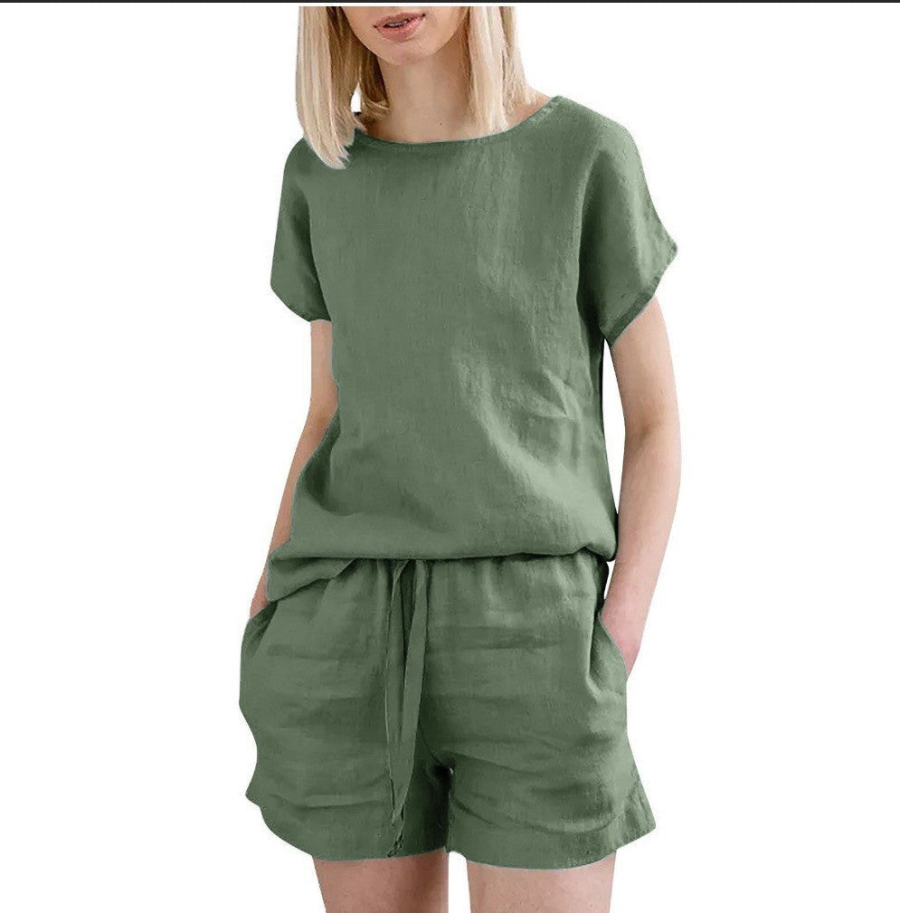 Short Sleeve Cotton Linen Retro Fashion Solid Color Top Shorts Suit - kinko