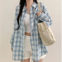 Blue Plaid Shirt For Women Loose Long Sleeve Jacket - kinko