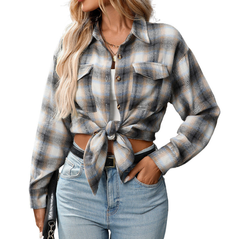 Casual Fashion Loose Plaid Pocket Shirt For Women - kinko