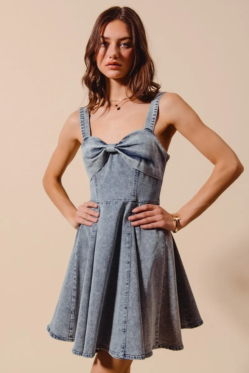 SO ME Mineral Washed Bow Ribbon Denim Flare Dress - kinko
