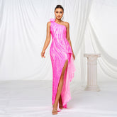 One-shoulder Diagonal Collar Sequined Slit Evening Dress - kinko
