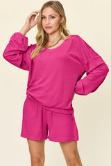 Double Take Full Size Texture V-Neck Long Sleeve T-Shirt and Shorts Set - kinko