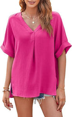 Spring And Summer Solid Color Short Sleeve Loose Blouse - kinko
