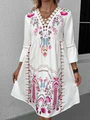 Lace Detail Printed Three-Quarter Sleeve Dress - kinko