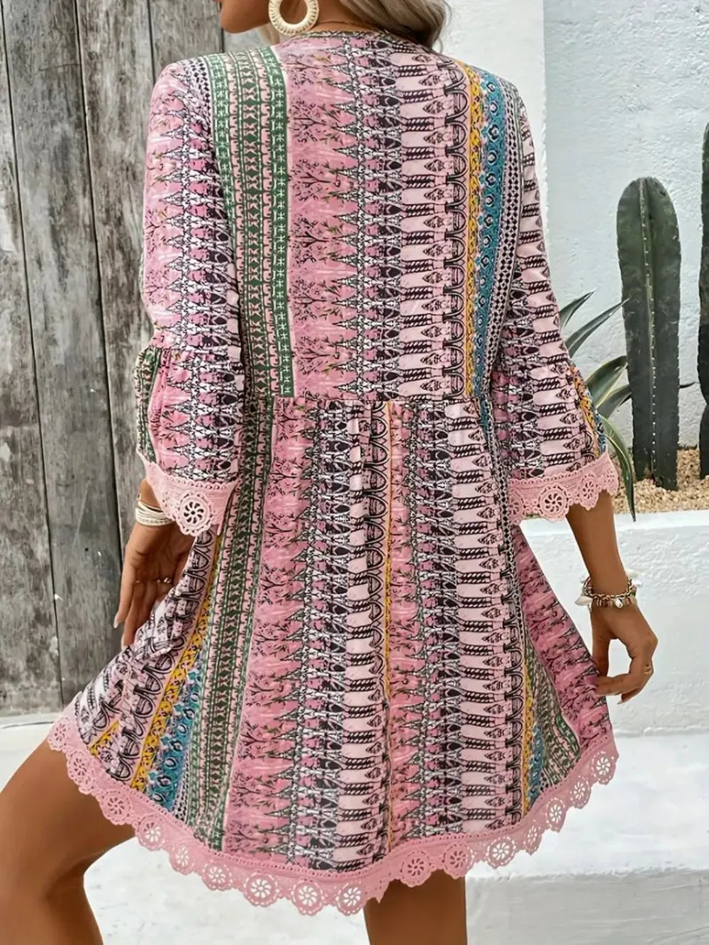 Lace Trim Printed V-Neck 3/4 Sleeve Dress - kinko
