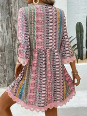 Lace Trim Printed V-Neck 3/4 Sleeve Dress - kinko