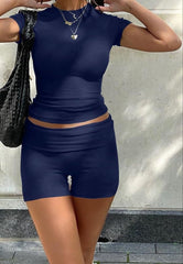 Casual Women's Workout Two-piece Short Sleeve High Waist Fold Bell-bottom Pants Shorts - kinko