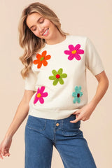 BiBi Crochet Flower Patch Sweater Top - kinko