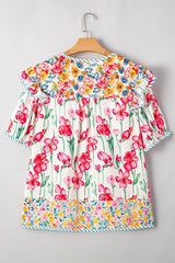 Plus Size Floral Print Striped Trim V Neck Blouse - kinko
