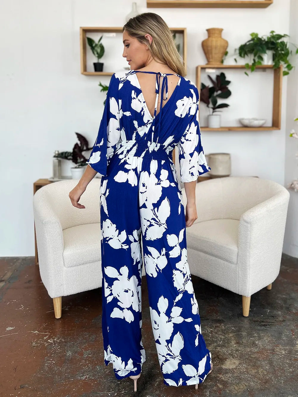 Double Take Full Size Printed Tie Back Wide Leg Jumpsuit - kinko