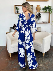 Double Take Full Size Printed Tie Back Wide Leg Jumpsuit - kinko