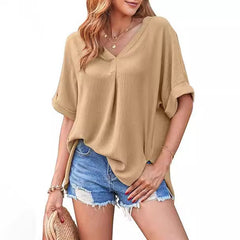 Spring And Summer Solid Color Short Sleeve Loose Blouse - kinko