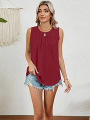 Round Neck Sleeveless Top with Pleated Front Detail - kinko