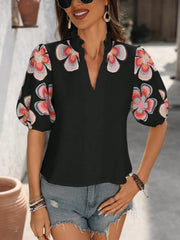 Floral Print Notched Puff Sleeve Blouse - kinko