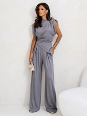 Slit Ruched Top and Wide Leg Pants Set - kinko