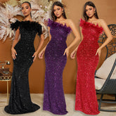 Black Paillette Feather Stitching Sequin Sexy Evening Dress Women - kinko