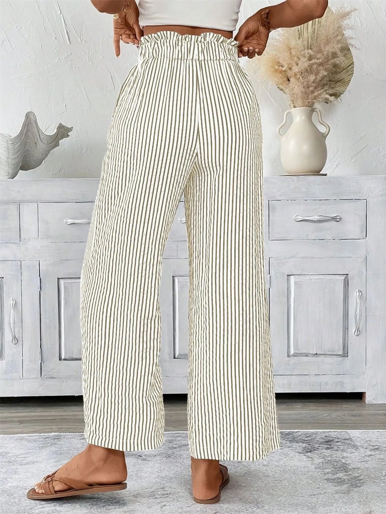 Full Size Striped Wide Leg Paper Bag Pants Plus Size - kinko