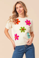 BiBi Crochet Flower Patch Sweater Top - kinko