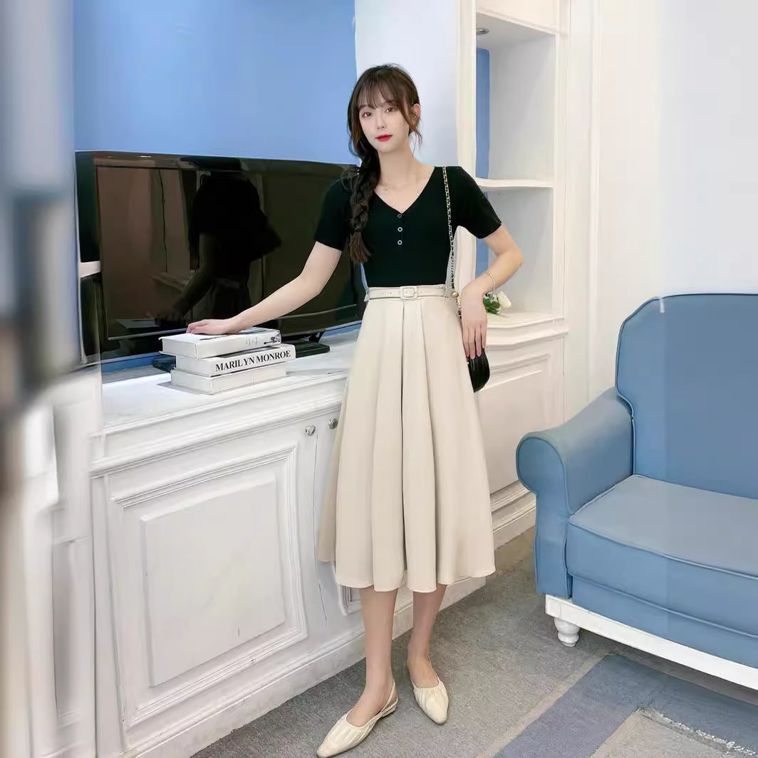 Retro High Waist A- Line Skirt Slimming Skirt Belt Attached - kinko