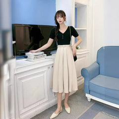 Retro High Waist A- Line Skirt Slimming Skirt Belt Attached - kinko