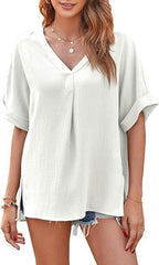 Spring And Summer Solid Color Short Sleeve Loose Blouse - kinko