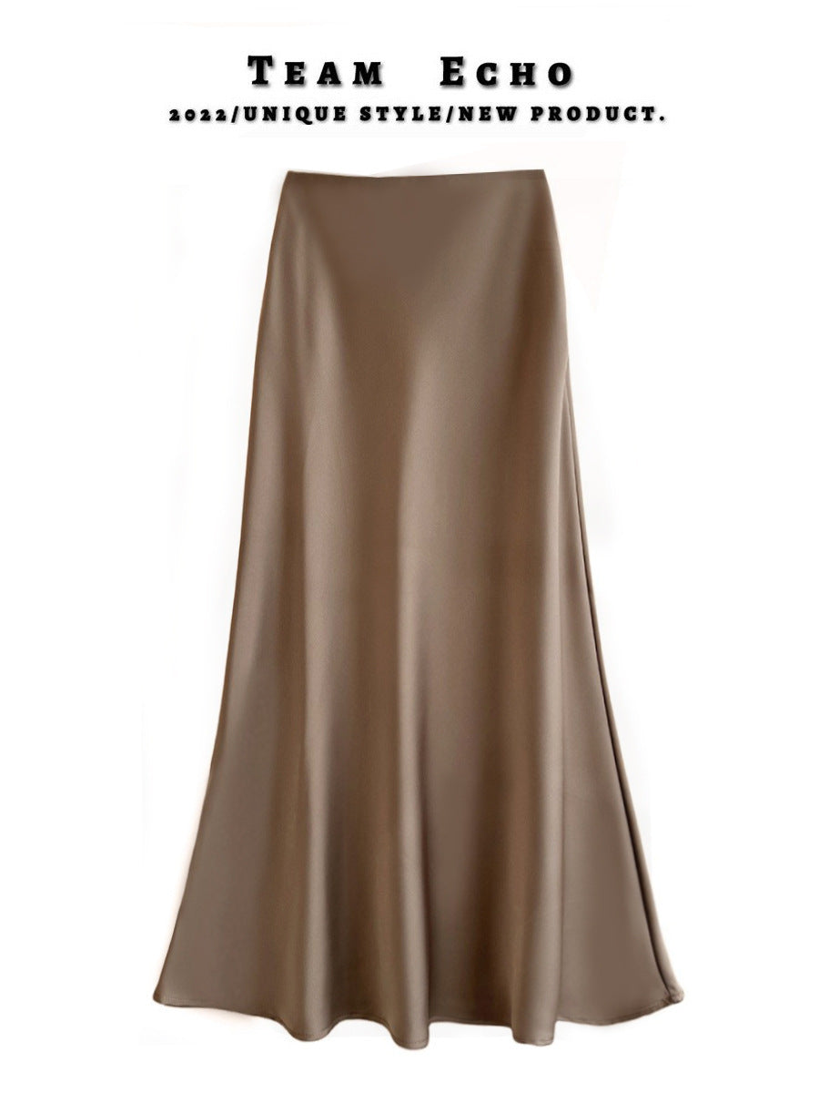 High Waist Slimming Mid-length Satin Acetate Silky Skirt - kinko