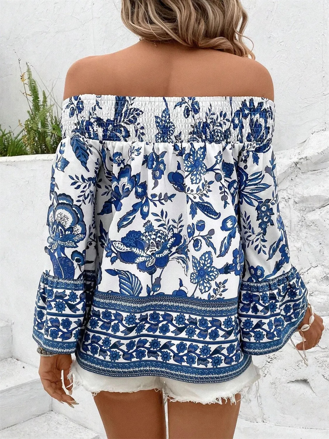 Smocked Printed Off-Shoulder Blouse - kinko