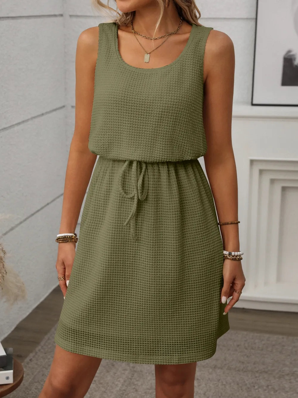 Waffle-Knit Drawstring Mini Tank Dress - kinko