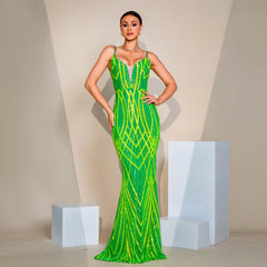 V-neck Strap Sequined Fishtail Evening Dress - kinko