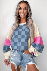 Sky Blue Oversized Checkered Denim Exposed Seam Patchwork Casual Sweatshirt - kinko