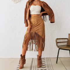 Women's Tassel Edge Asymmetrical Hem Solid Color Skirt - kinko