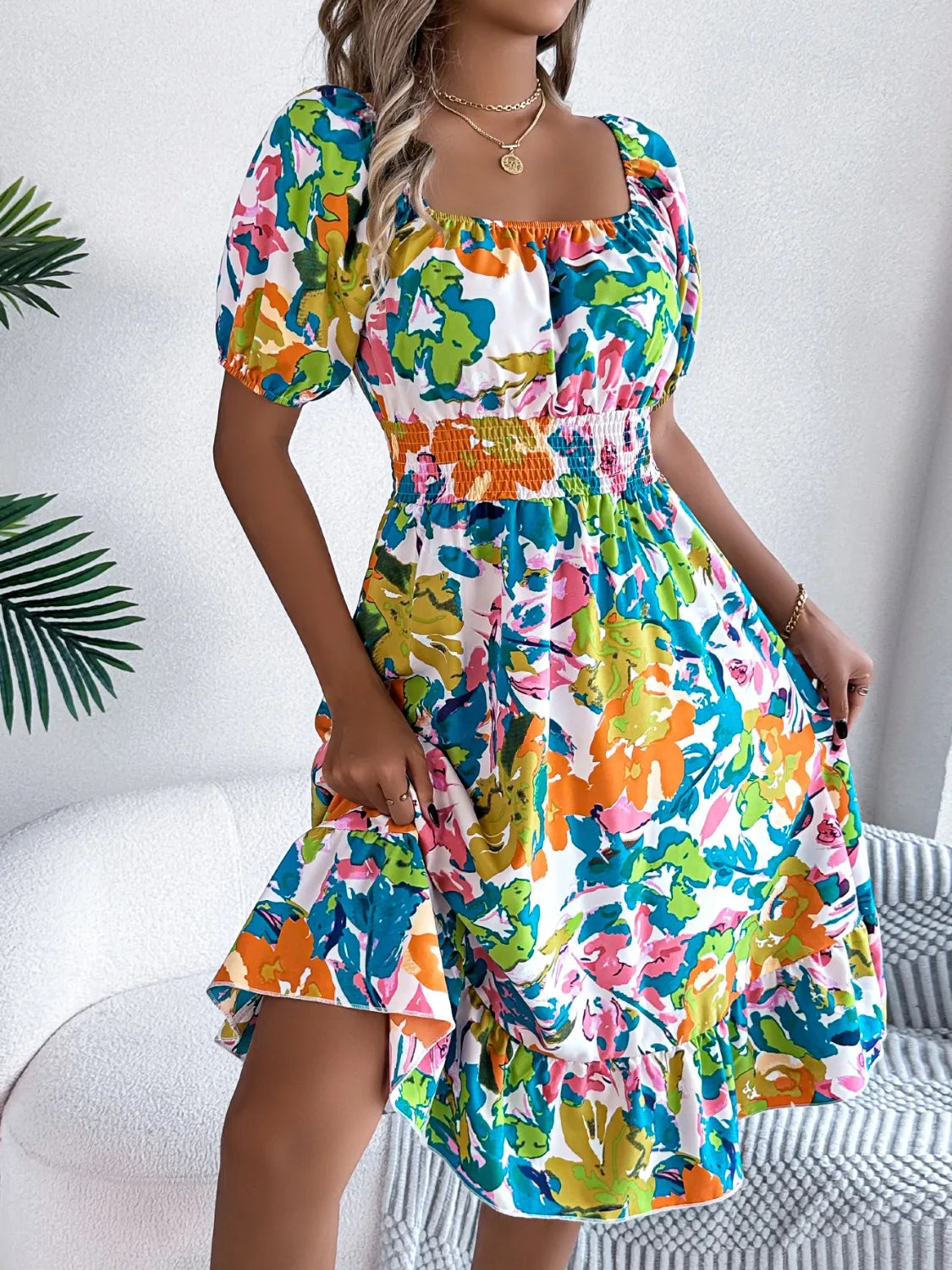 Ruffled Hem Smocked Floral Short Sleeve Midi Dress - kinko