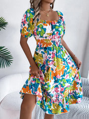 Ruffled Hem Smocked Floral Short Sleeve Midi Dress - kinko